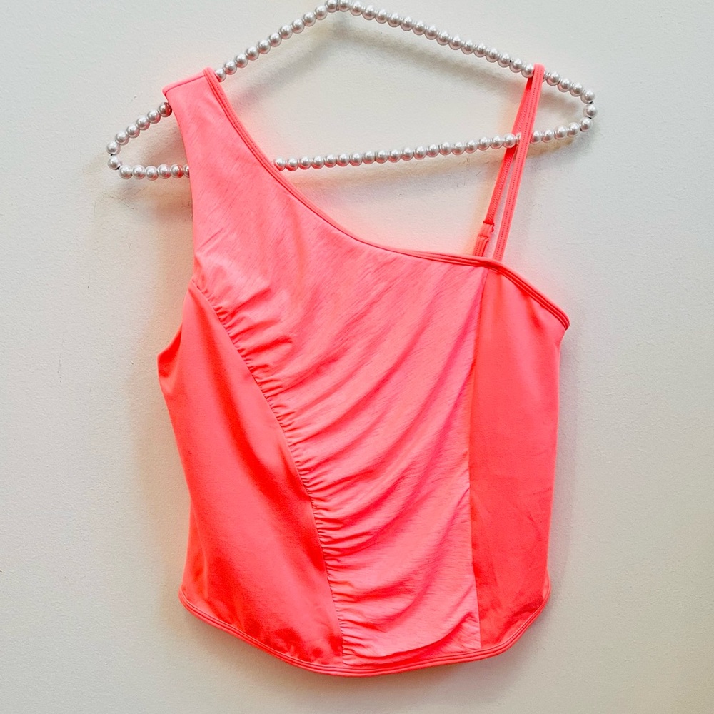 Free People Cinched in Cami One Shoulder Ruched Neon Coral Just Peachy Tank NWT - Picture 2 of 8